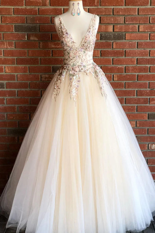A-line Elegant V Neck Ivory Long Prom Dress with Floral Embroidery