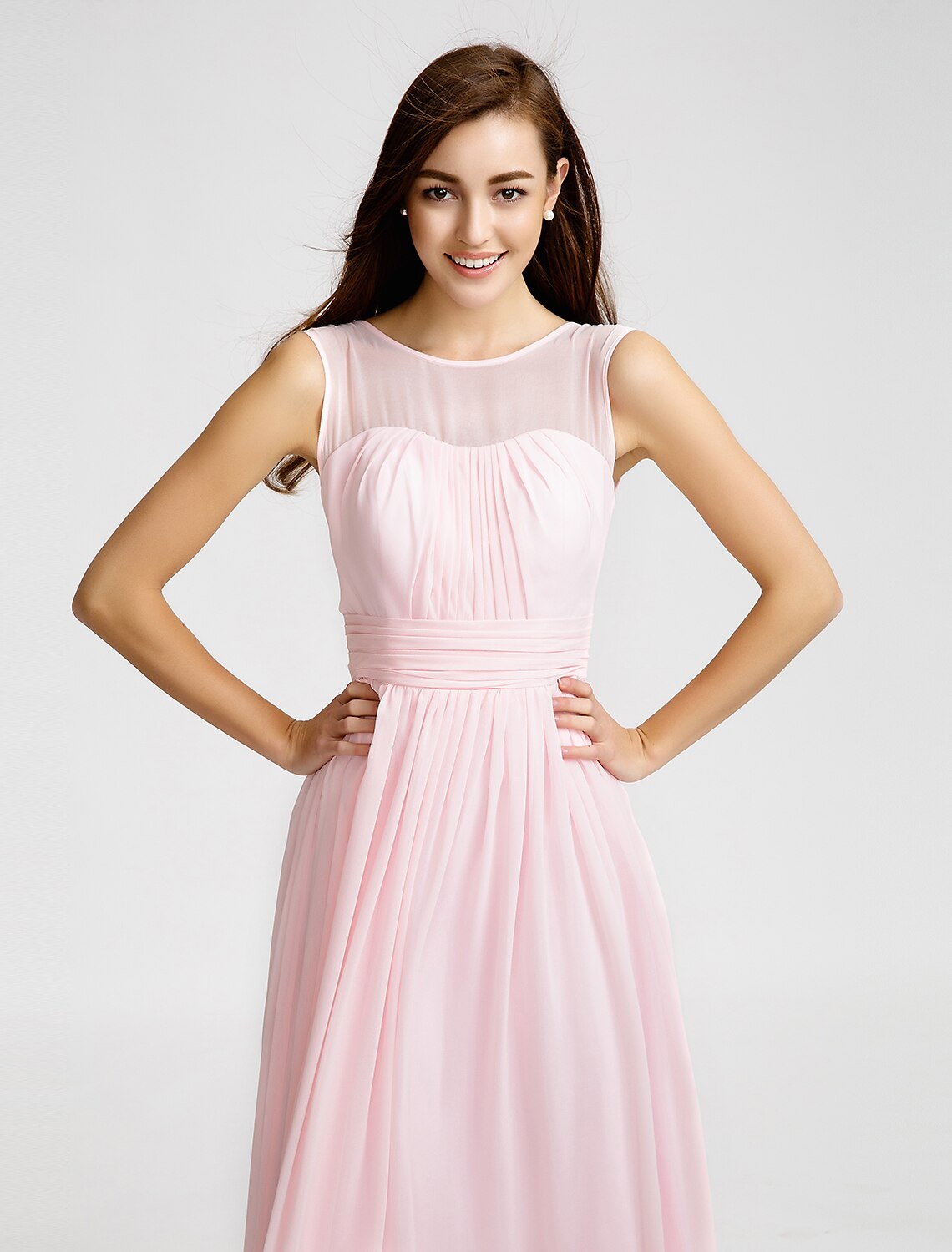 A-Line / Ball Gown Jewel Neck Floor Length Chiffon Bridesmaid Dress with Draping / Sash / Ribbon