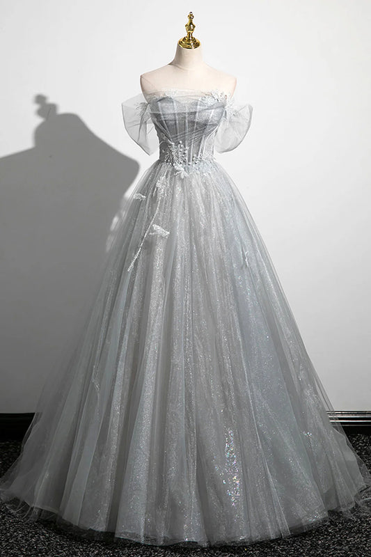 A-Line Off the Shoulder Tulle Prom Dress Corset Floor Length Party Dress
