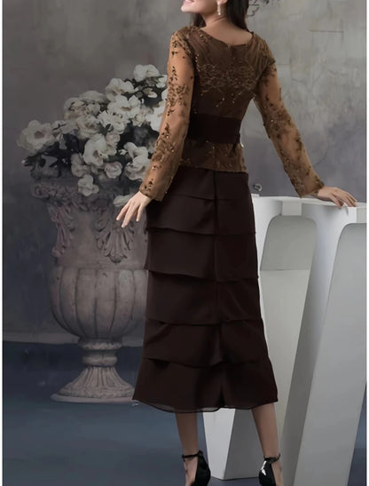 Vestido de Madre de la Novia con Corte Vaina/Columna para Invitadas de Boda Elegante Escote Redondo Largo hasta la Rodilla Seda Imitación Manga Larga con Volantes de Encaje