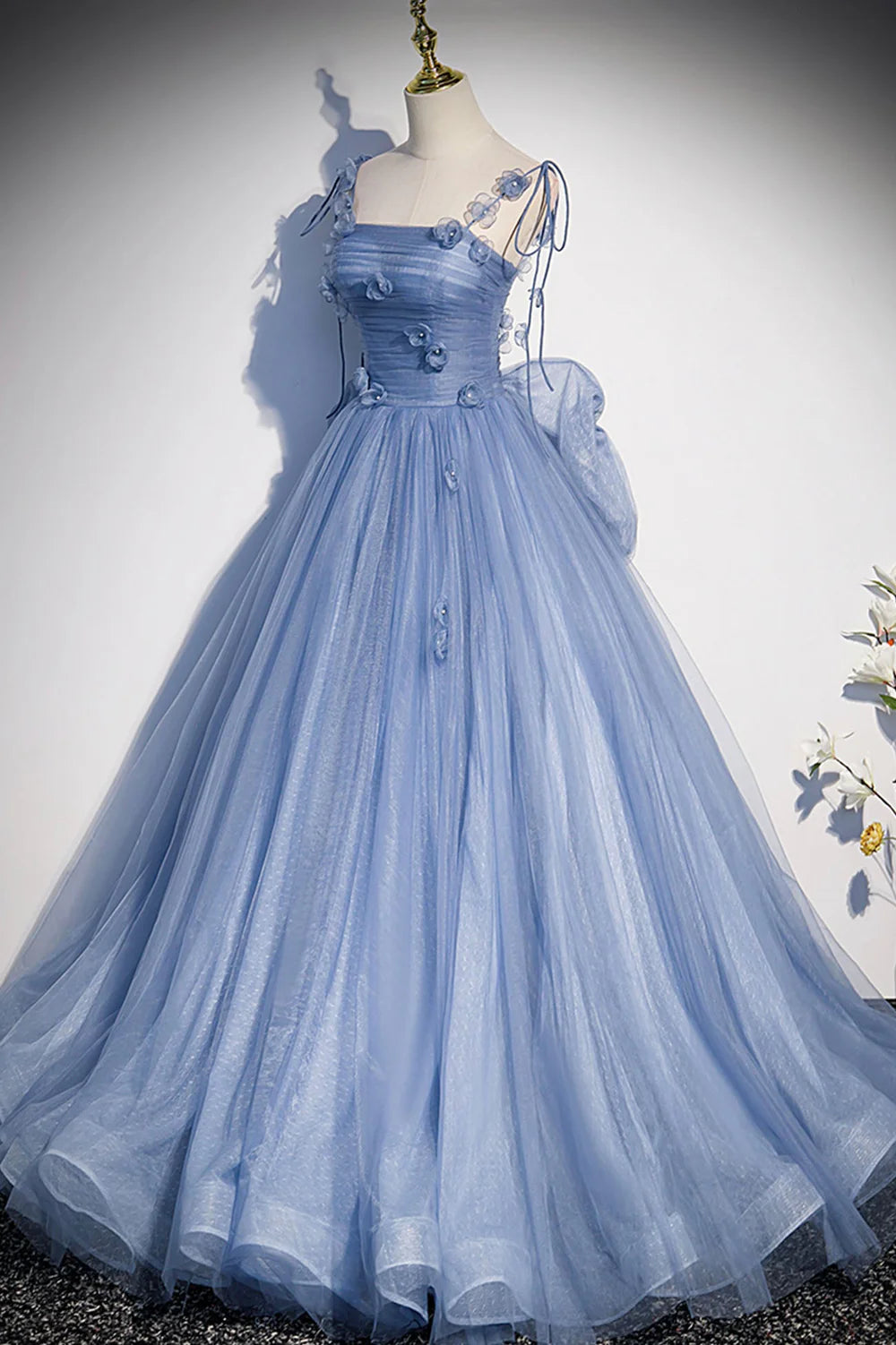 A-Linie Tüll Lange Spaghettiträger Partykleid Ballkleid mit Schleife