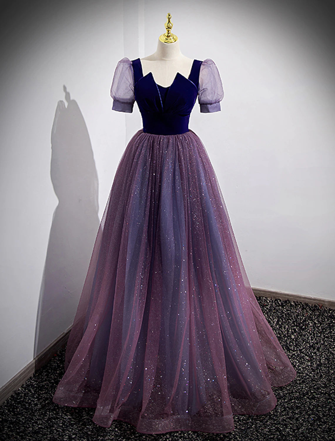 A-Linien-Ballkleider, Sparkle &amp; Shine-Kleid, Hochzeitsgast-Ballkleid, bodenlang, kurze Ärmel, U-Ausschnitt, Tüll mit Pailletten