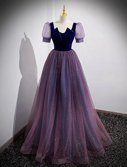 A-Linien-Ballkleider, Sparkle &amp; Shine-Kleid, Hochzeitsgast-Ballkleid, bodenlang, kurze Ärmel, U-Ausschnitt, Tüll mit Pailletten
