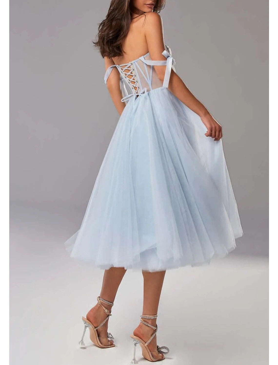 Two Piece A-Line Prom Dresses Elegant Dress Wedding Guest Prom Tea Length Half Sleeve Sweetheart Tulle with Pleats Pure Color