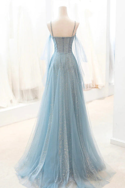A-Linie Glitzerndes Tüll Spaghettiträger Abendkleid Langes Ballkleid