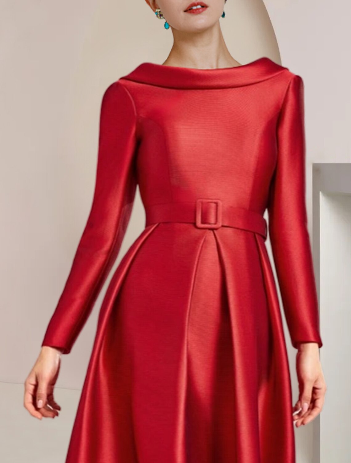 Vestido de madre de la novia de corte A para invitados a la boda, elegante, escote alto bajo, asimétrico, largo hasta la rodilla, satén, manga larga con broche de cristal