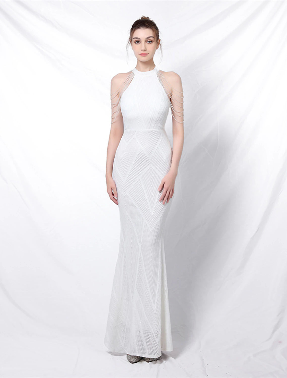 Vestido de fiesta de sirena, vestido de graduación, vestido brillante y resplandeciente, vestido formal para invitados de boda, largo hasta el suelo, sin mangas, cuello halter, con lentejuelas