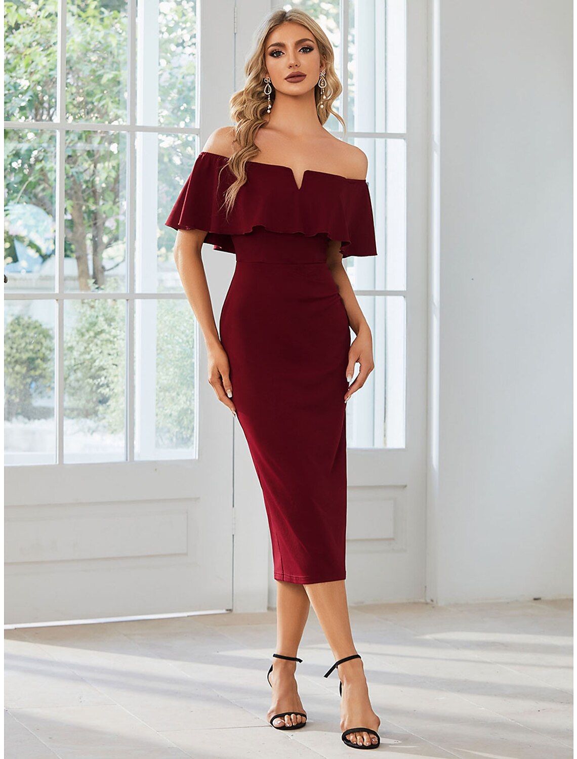 Vestido de novia con corte tubo/columna, estilo minimalista, para fiesta, boda, largo hasta la rodilla, manga corta, hombros descubiertos, para dama de honor, tejido elástico con abertura, color puro