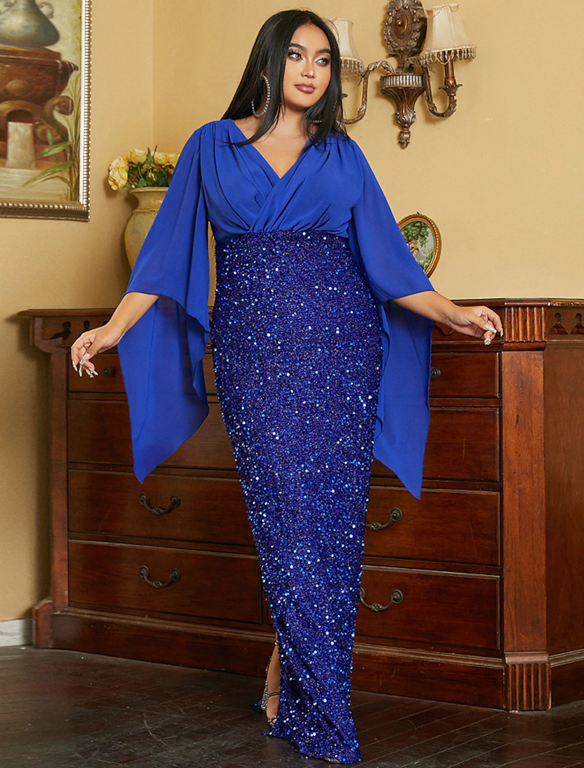 Vestidos de invitada de boda de sirena/trompeta, vestido de talla grande, vestido de cóctel, vestido de fiesta, lazo negro, largo hasta el suelo, manga larga, cuello en V, para invitada de boda de otoño, con lentejuelas y abertura con brillo