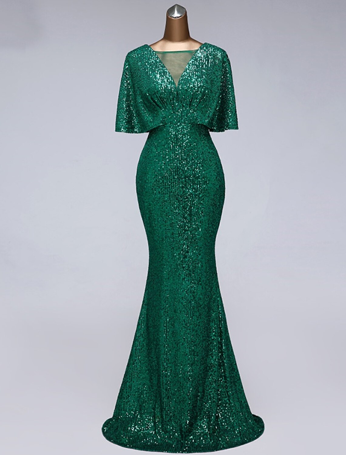 Vestidos de fiesta de sirena/trompeta, vestido brillante, para invitadas de boda, para graduación, largo hasta el suelo, media manga, cuello ilusión, con lentejuelas y volantes de lentejuelas