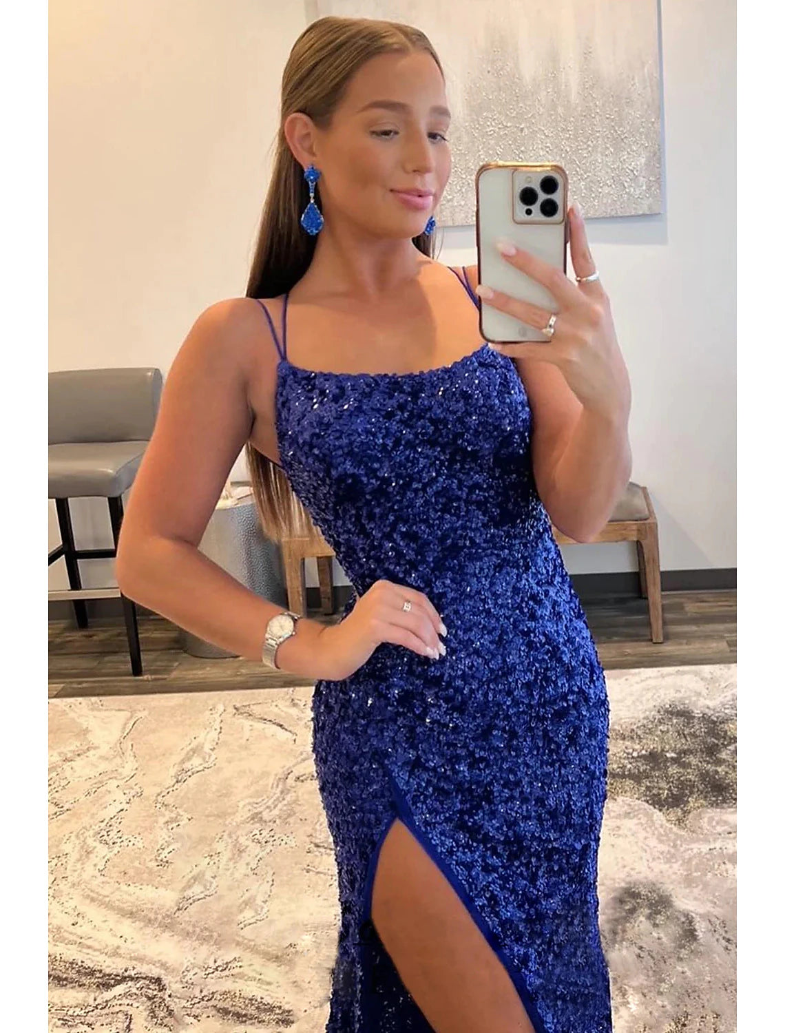 Vestidos de fiesta de sirena/trompeta, vestido sexy, fiesta formal de boda, cola larga/cepillo, sin mangas, tirantes finos, lentejuelas, espalda descubierta con abertura de lentejuelas