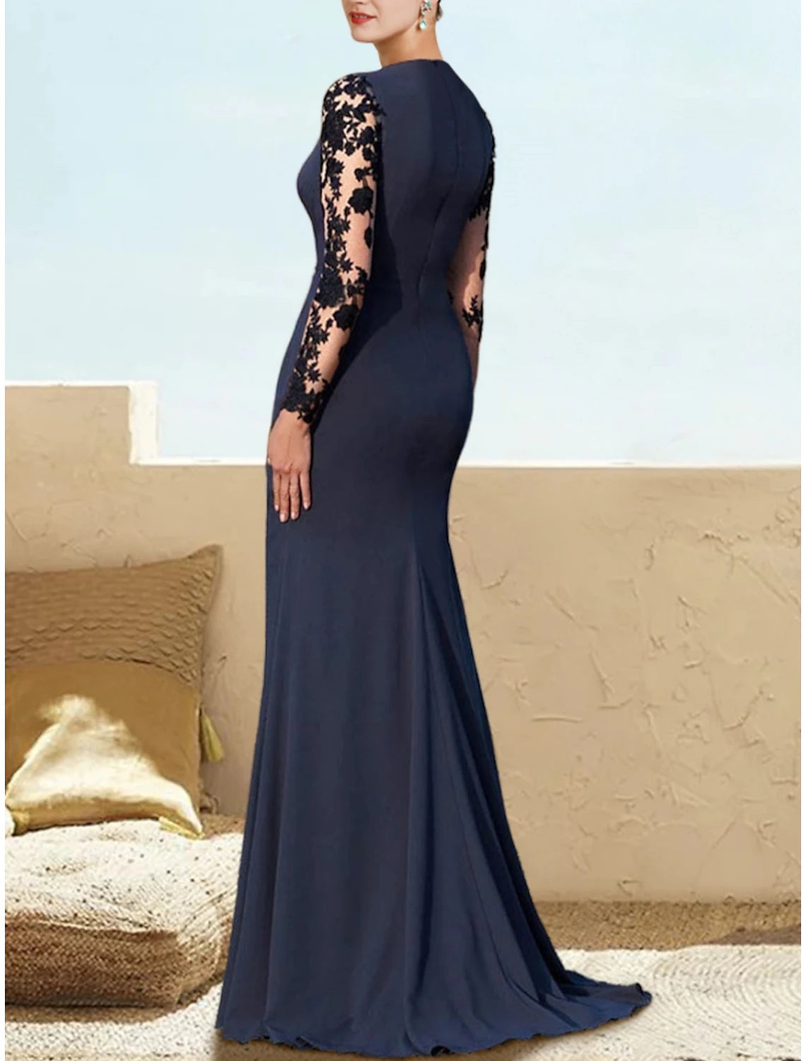 Mermaid / Trumpet Mother of the Bride Dress Wedding Guest Elegant V Neck Sweep / Brush Train Stretch Chiffon Long Sleeve with Lace Ruching