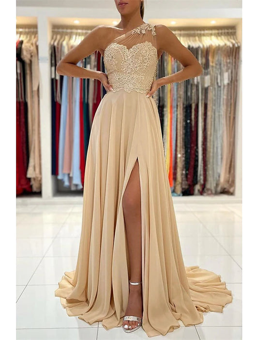 Vestido de fiesta de corte A, sexy, formal, para invitados de boda, cola de corte, sin mangas, un hombro, de gasa con apliques de abertura.
