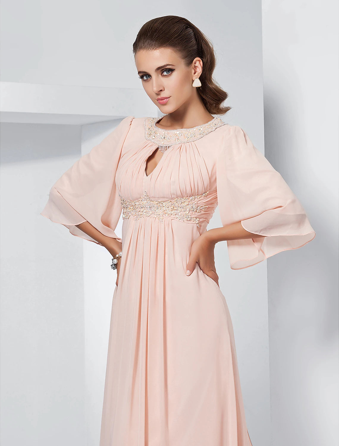 Vestidos de ocasión especial de corte A, elegantes, para invitadas de boda, formales, de noche, con cola larga y media manga, cuello joya, de gasa con drapeado y cuentas.