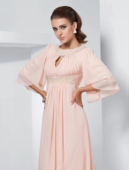 A-Linie Kleider für besondere Anlässe Elegantes Kleid für Hochzeitsgäste Formeller Abend Sweep/Pinsel Schleppe Halbe Ärmel Rundhalsausschnitt Chiffon mit Perlenbesatz Drapierung