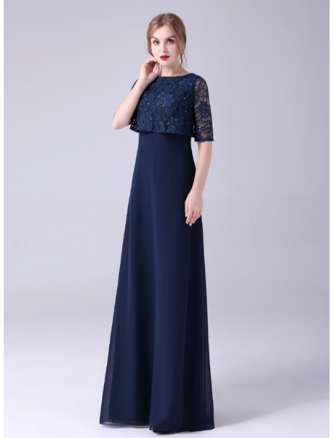 A-Line Mother of the Bride Dress Elegant Sweet Jewel Neck Floor Length Chiffon Half Sleeve with Lace Crystals