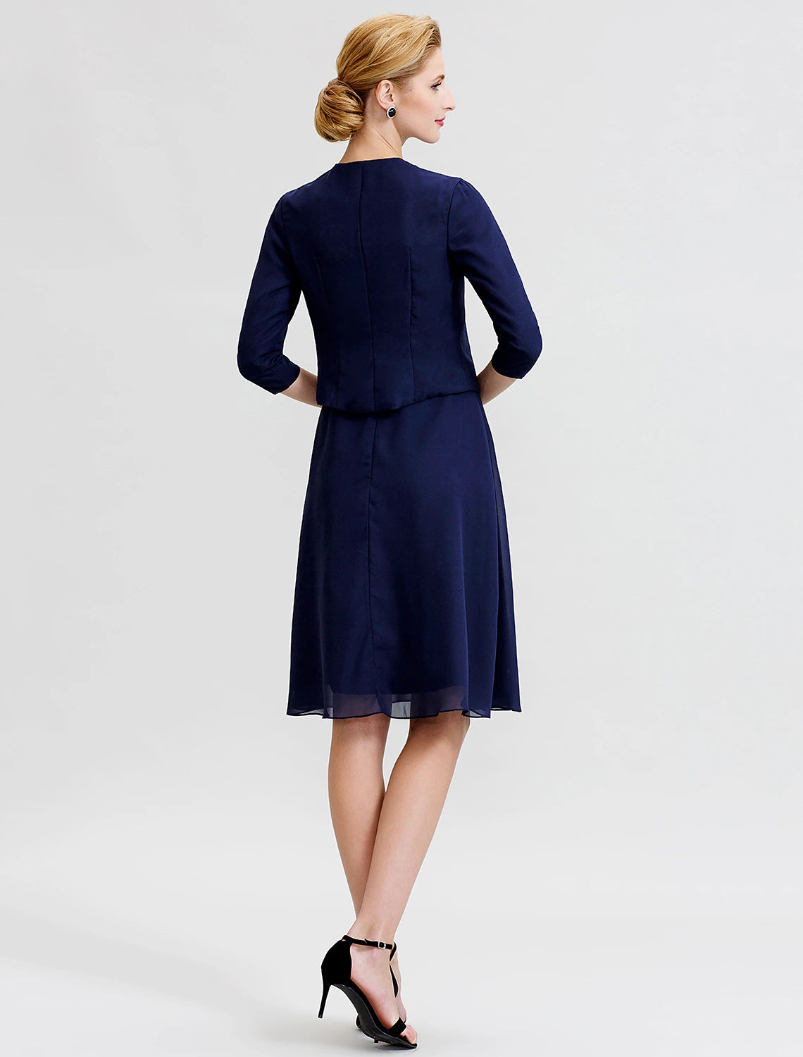 A-Line / Two Piece Jewel Neck Knee Length Chiffon / Corded Lace Mother of the Bride Dress with Sash / Ribbon