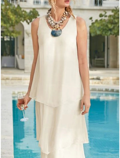 Etuikleid/Säulenkleid für die Brautmutter, Hochzeitsgast, elegant, schlicht, V-Ausschnitt, knöchellang, Chiffon, ärmellos, mit Stufen, einfarbig