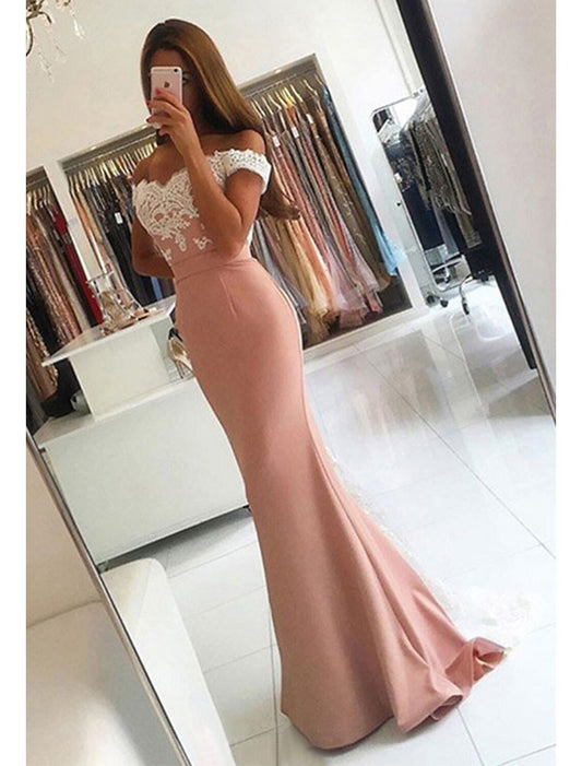 Vestido de fiesta de satén con escote en V, corte trompeta/sirena y cola larga con encaje
