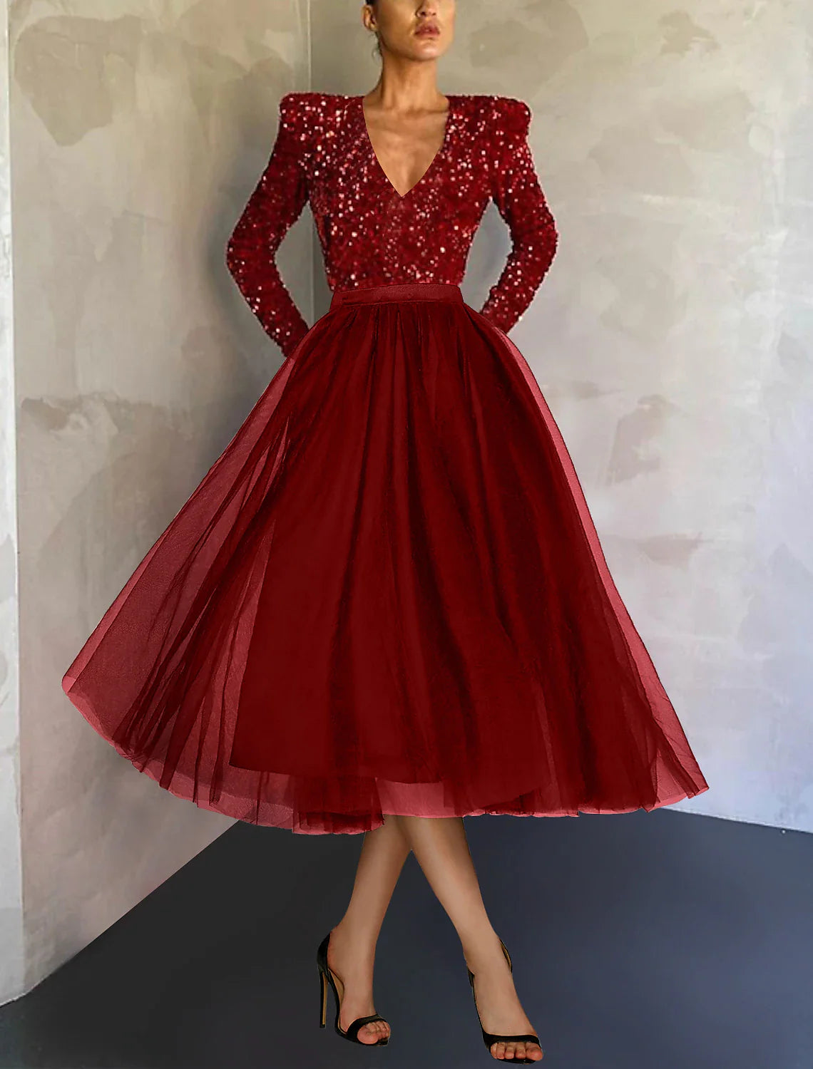 Ball Gown A-Line Cocktail Dresses Sparkle & Shine Dress Evening Party Tea Length Long Sleeve Jewel Neck Tulle with Sequin