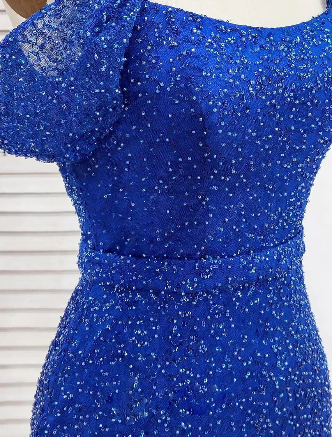 Vestido de noche elegante de sirena/trompeta, vestido formal de graduación, largo hasta el suelo, manga corta, hombros descubiertos, con lentejuelas