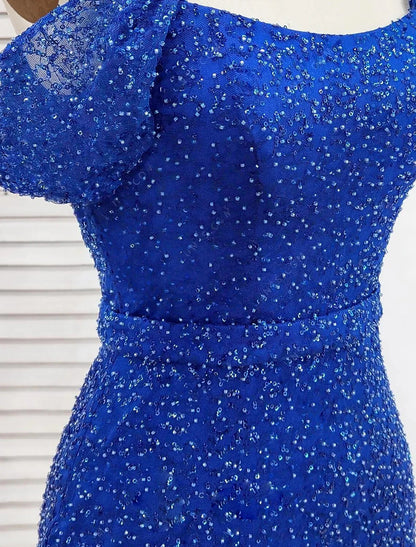 Vestido de noche elegante de sirena/trompeta, vestido formal de graduación, largo hasta el suelo, manga corta, hombros descubiertos, con lentejuelas