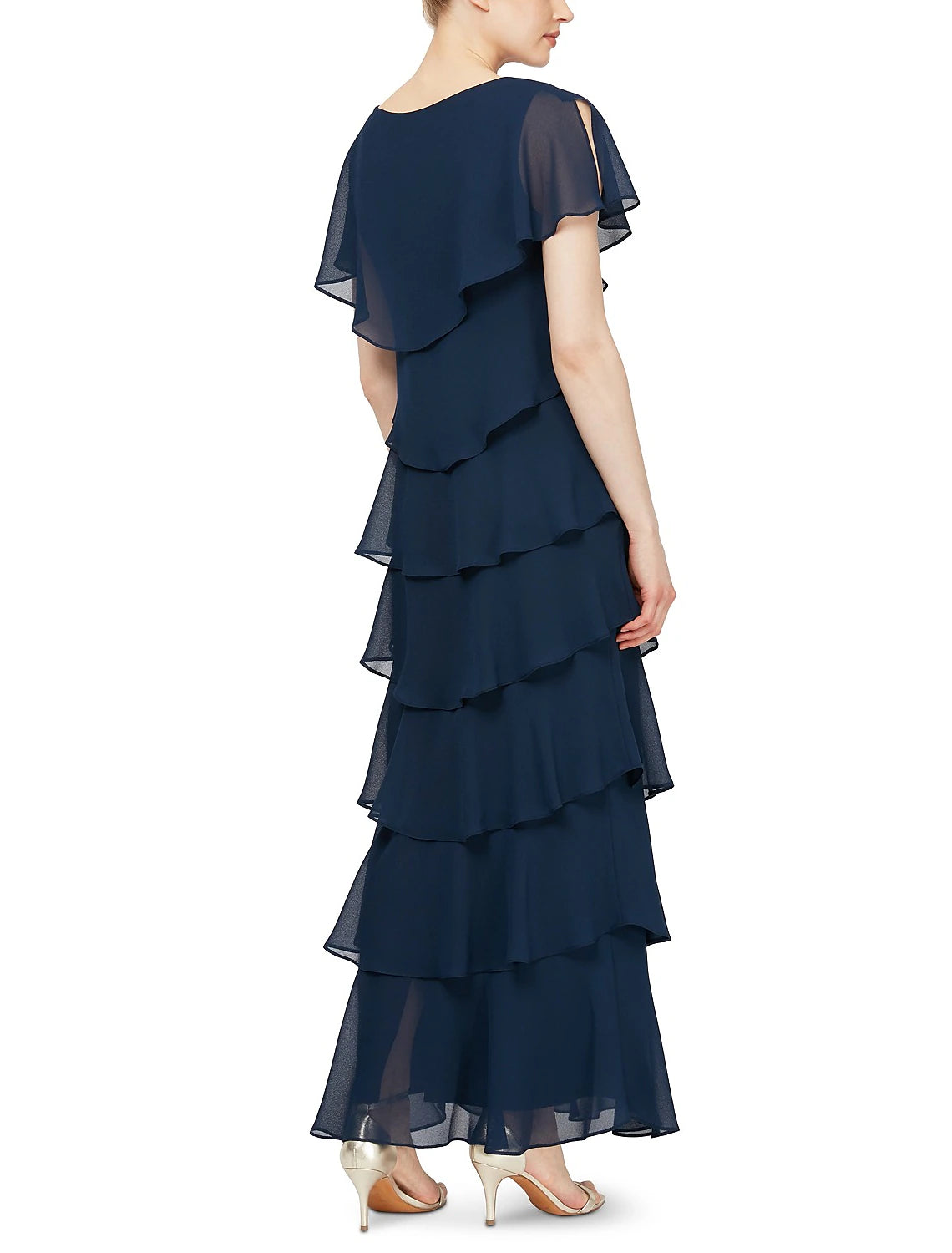 Etuikleid/Säulenkleid für die Brautmutter, Übergröße, V-Ausschnitt, knöchellang, Chiffon, kurze Ärmel, mit Stufen