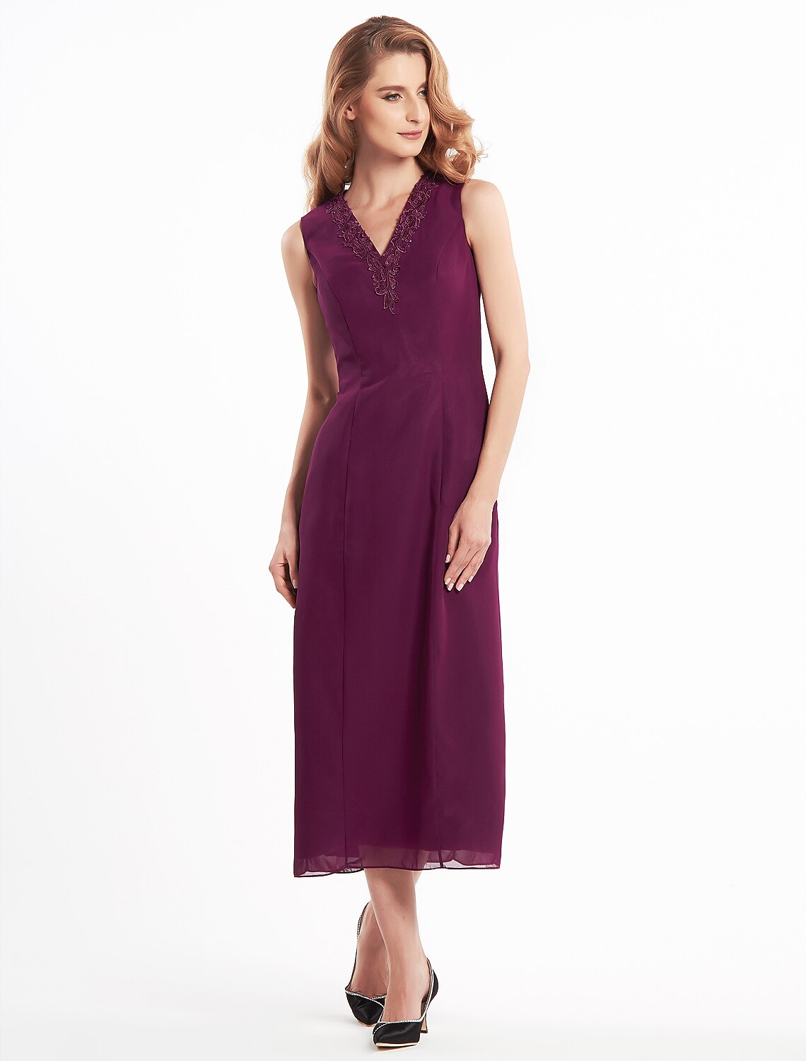 Sheath / Column Mother of the Bride Dress Convertible Dress V Neck Tea Length Chiffon 3/4 Length Sleeve with Lace