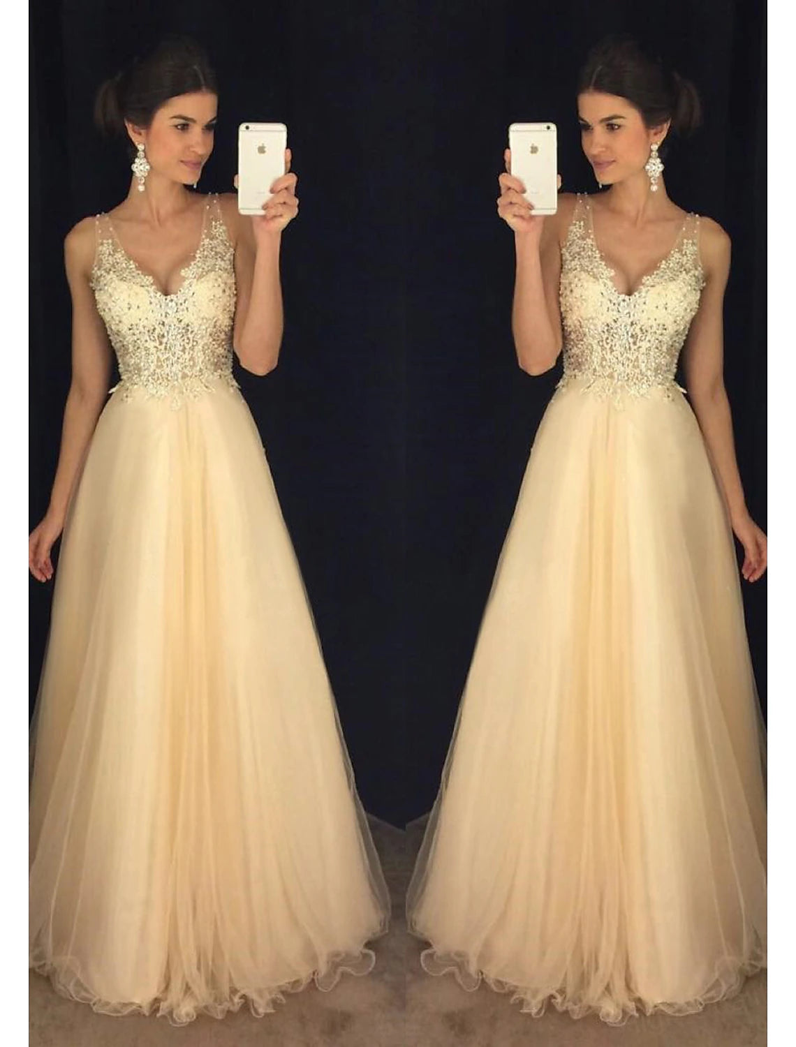 Vestidos de fiesta de corte A, brillantes y con brillo, para invitados de boda, formales, largos hasta el suelo, sin mangas, escote en V, tul, espalda en V con apliques de cuentas.