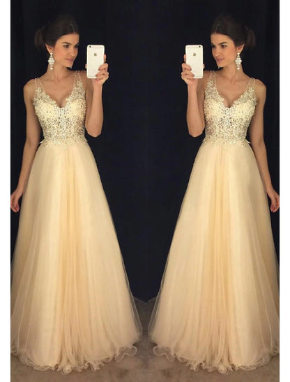 Vestidos de fiesta de corte A, brillantes y con brillo, para invitados de boda, formales, largos hasta el suelo, sin mangas, escote en V, tul, espalda en V con apliques de cuentas.