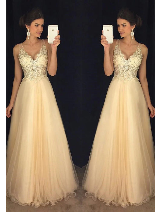 Vestidos de fiesta de corte A, brillantes y con brillo, para invitados de boda, formales, largos hasta el suelo, sin mangas, escote en V, tul, espalda en V con apliques de cuentas.
