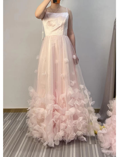 A-Line Prom Party Dress Floral Dress Performance Sweet 16 Floor Length Sleeveless Spaghetti Strap Tulle with Pleats Appliques