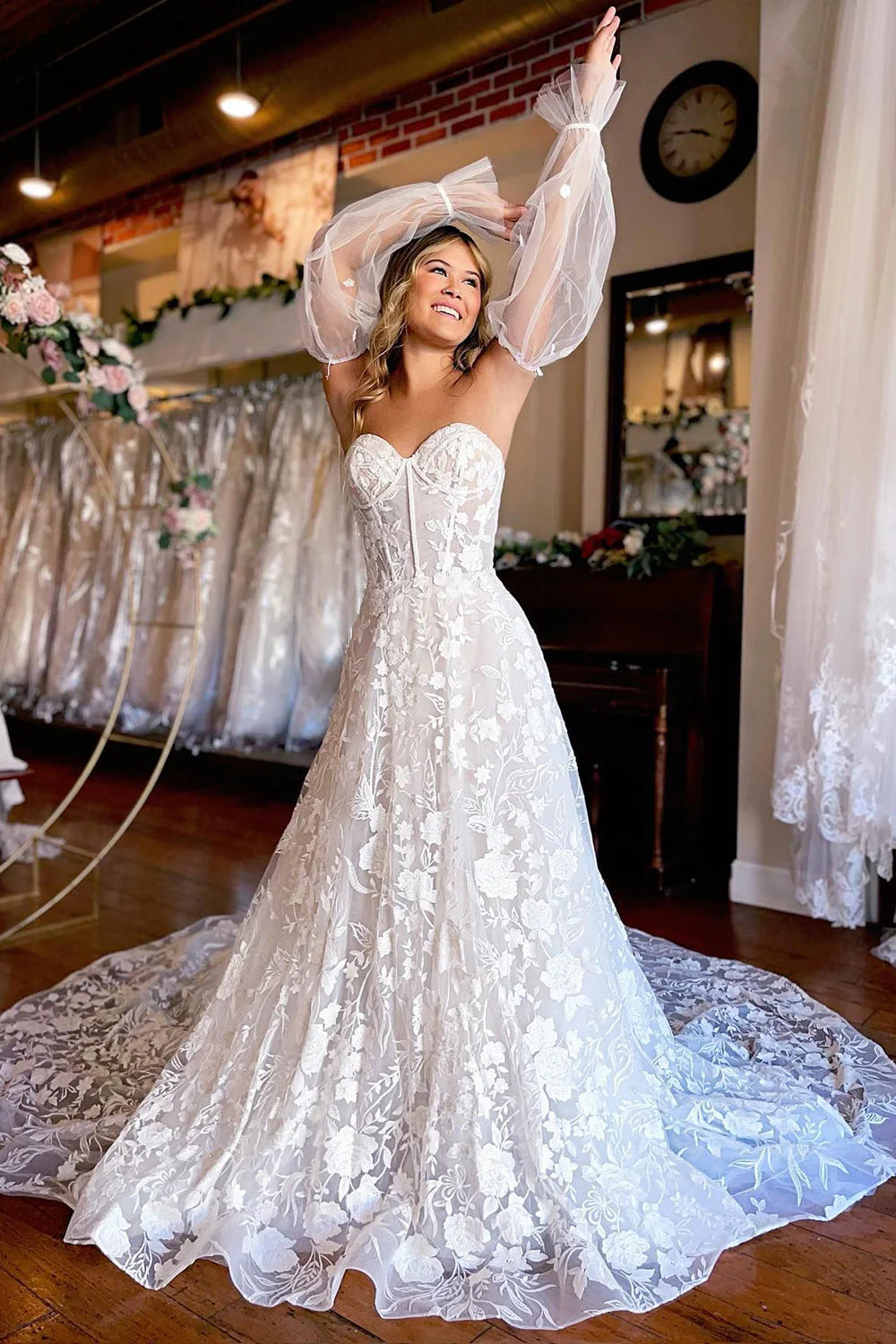 A-Line Sweetheart Corset Long Sleeves Long Lace Wedding Dress