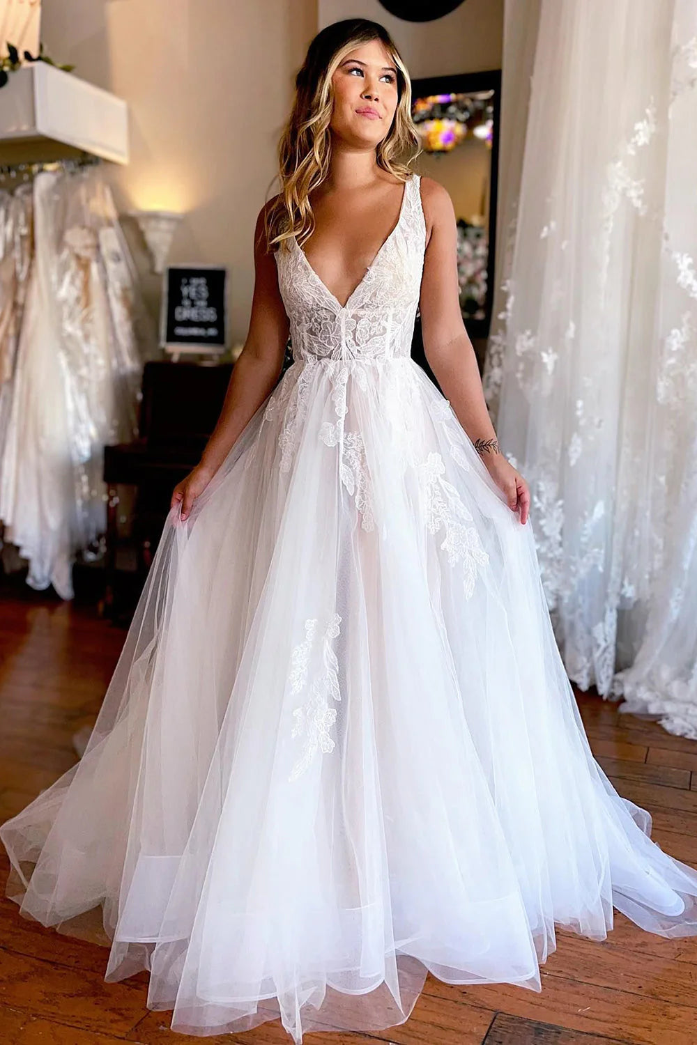 A-Line Deep V Neck Backless Long Lace Wedding Dress