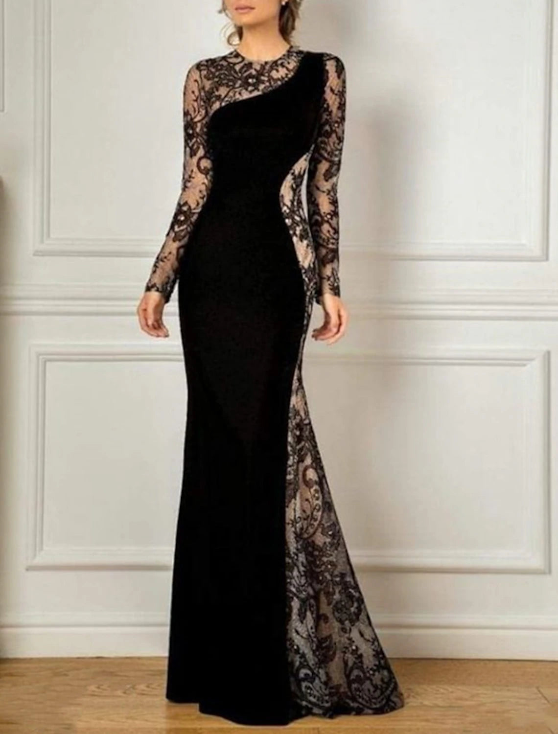 Mermaid / Trumpet Mother of the Bride Dress Wedding Guest Elegant Black Dress Party Jewel Neck Floor Length Lace Velvet Long Sleeve No with Appliques Color Block