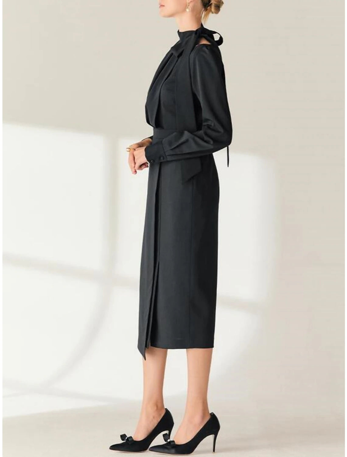 Sheath / Column Mother of the Bride Dress Wedding Guest Elegant Petite High Neck Tea Length Stretch Chiffon Long Sleeve with Bow(s) Split Front Ruching