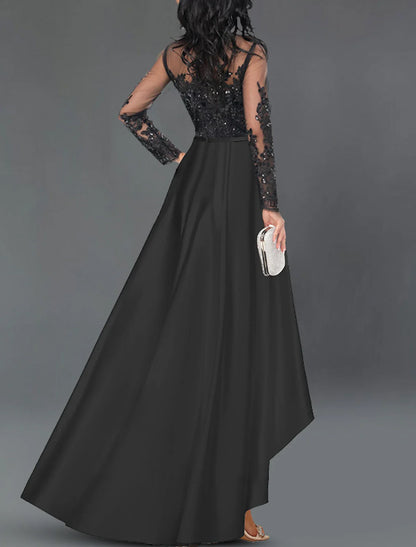 A-Line Cocktail Dresses Wedding Guest Party Wear Asymmetrical Long Sleeve Jewel Neck Satin with Crystals Appliques