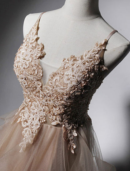 Vestidos de fiesta de corte A, sexys, formales, largos hasta el suelo, sin mangas, tirantes finos, encaje con volantes y apliques