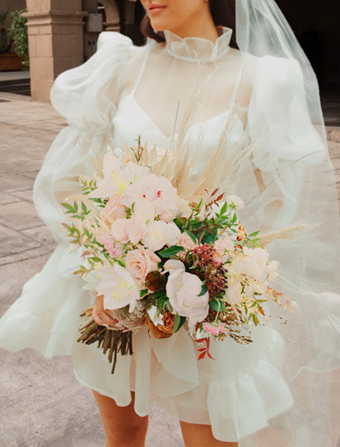 Empfang Kleine Weiße Kleider Brautkleider A-Linie Stehkragen Langarm Kurz/Mini Organza Brautkleider Mit Pick Up Rock