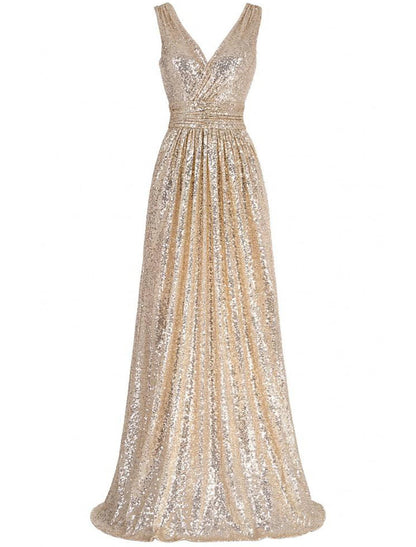 Vestidos de fiesta de tubo/columna Vestido brillante y resplandeciente Vestido formal para invitados de boda Largo hasta el suelo Sin mangas Cuello en V Con lentejuelas y pliegues Lentejuelas