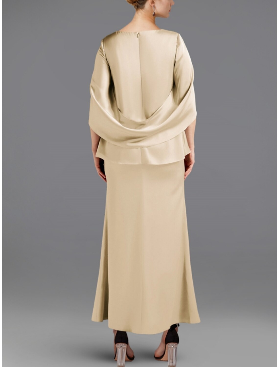 A-Line Mother of the Bride Dress Wedding Guest Simple Elegant Scoop Neck Ankle Length Satin Half Sleeve with Ruffles Ruching Solid Color