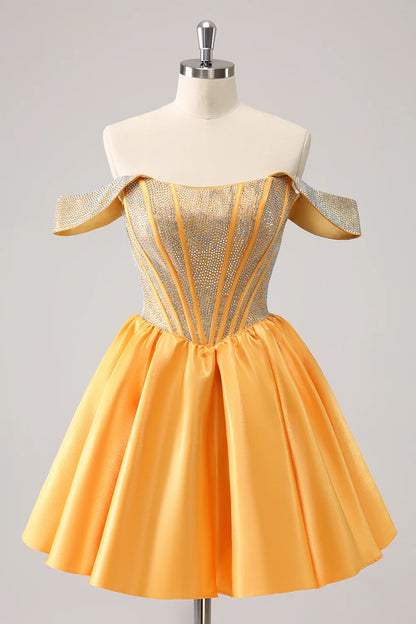 A-Line Sparkly Off the Shoulder Beaded Satin Homecoming Dress