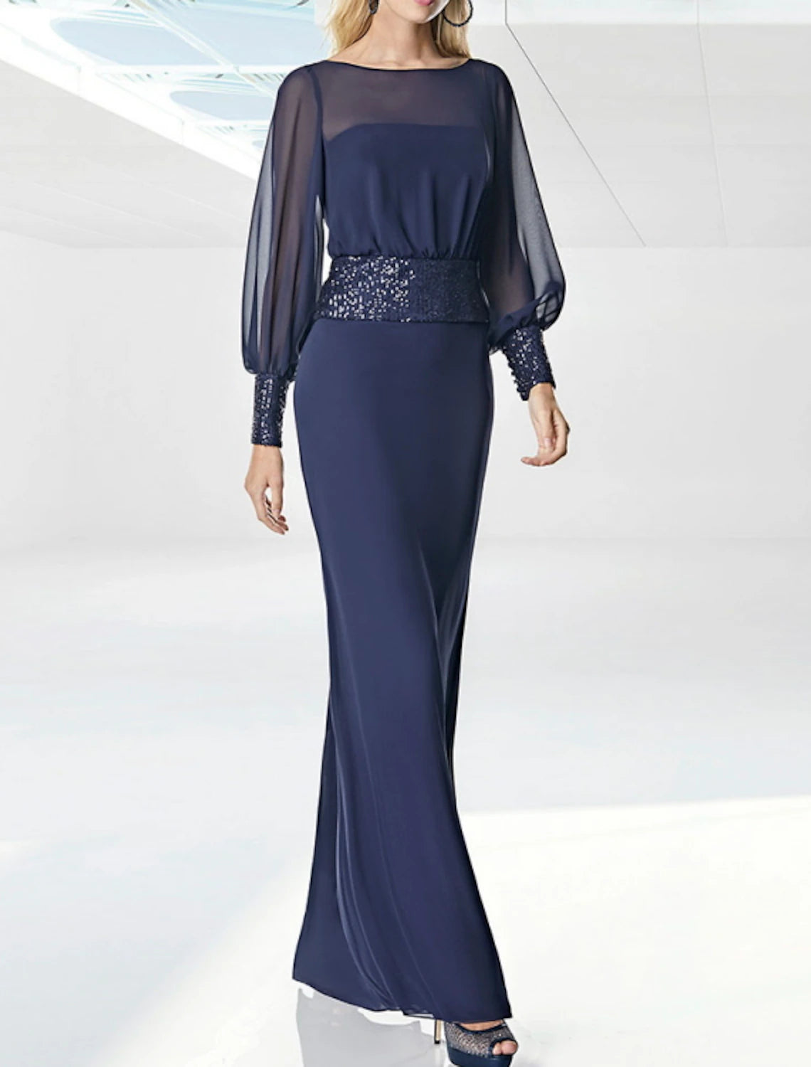 Etuikleid/Säulenkleid für die Brautmutter, Hochzeitsgast, elegant, Rundhalsausschnitt, bodenlang, Chiffon, Pailletten, lange Ärmel, mit Schärpe/Band