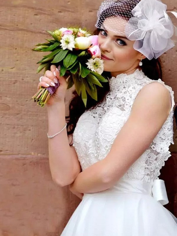 Vestidos de novia de corte A/princesa, de tul, encaje, cuello alto, sin mangas, hasta la rodilla
