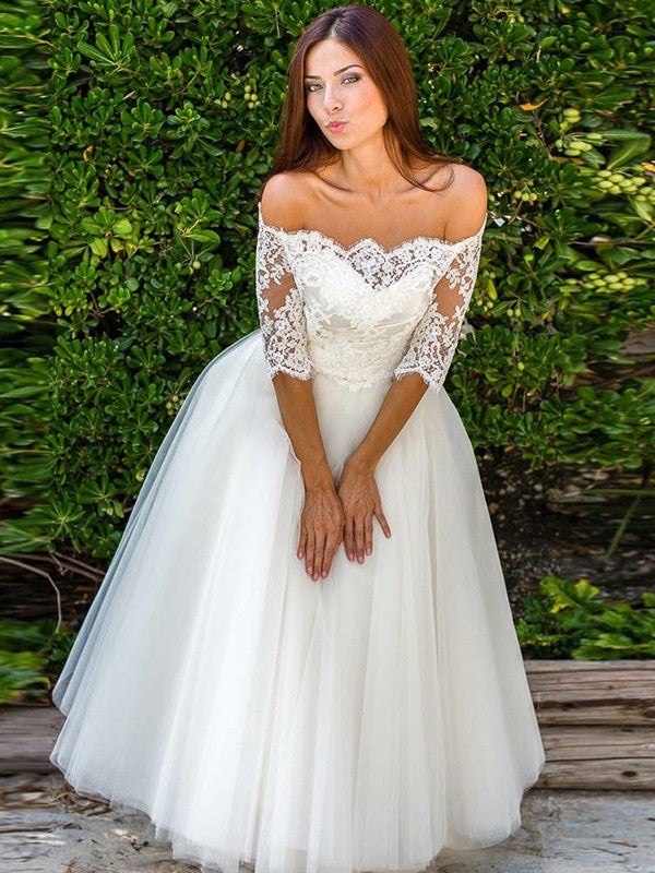 Vestidos de novia de corte A/princesa, de tul, con encaje, hombros descubiertos, mangas 1/2 y largo hasta los tobillos