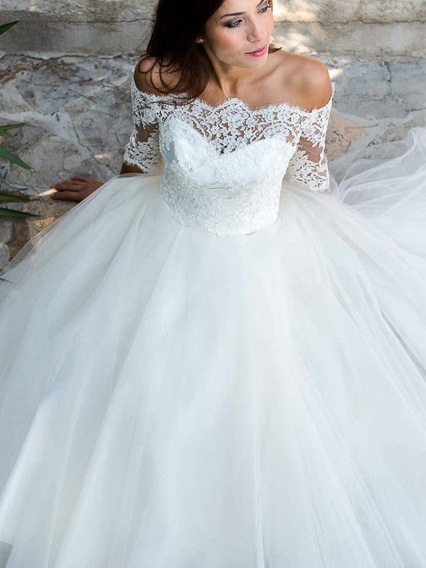 Vestidos de novia de corte A/princesa, de tul, con encaje, hombros descubiertos, mangas 1/2 y largo hasta los tobillos