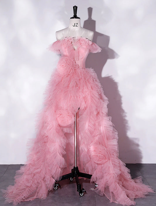 A-Linie Ballkleider Blumenkleid Partykleidung Hochzeitsfeier Asymmetrisch Ärmellos Schulterfrei Tüll mit Schlitz