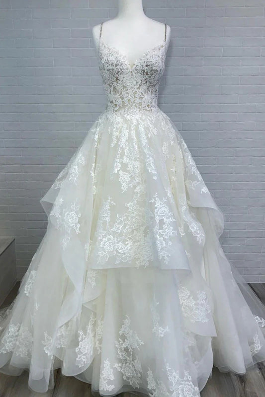 V neck lace tulle long prom dress
