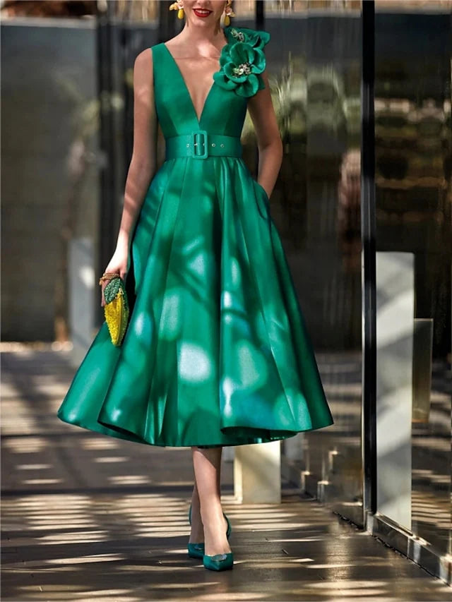 A-Line V Neck Sleeveless Applique Tea Length Mother Of The Bride Dresses