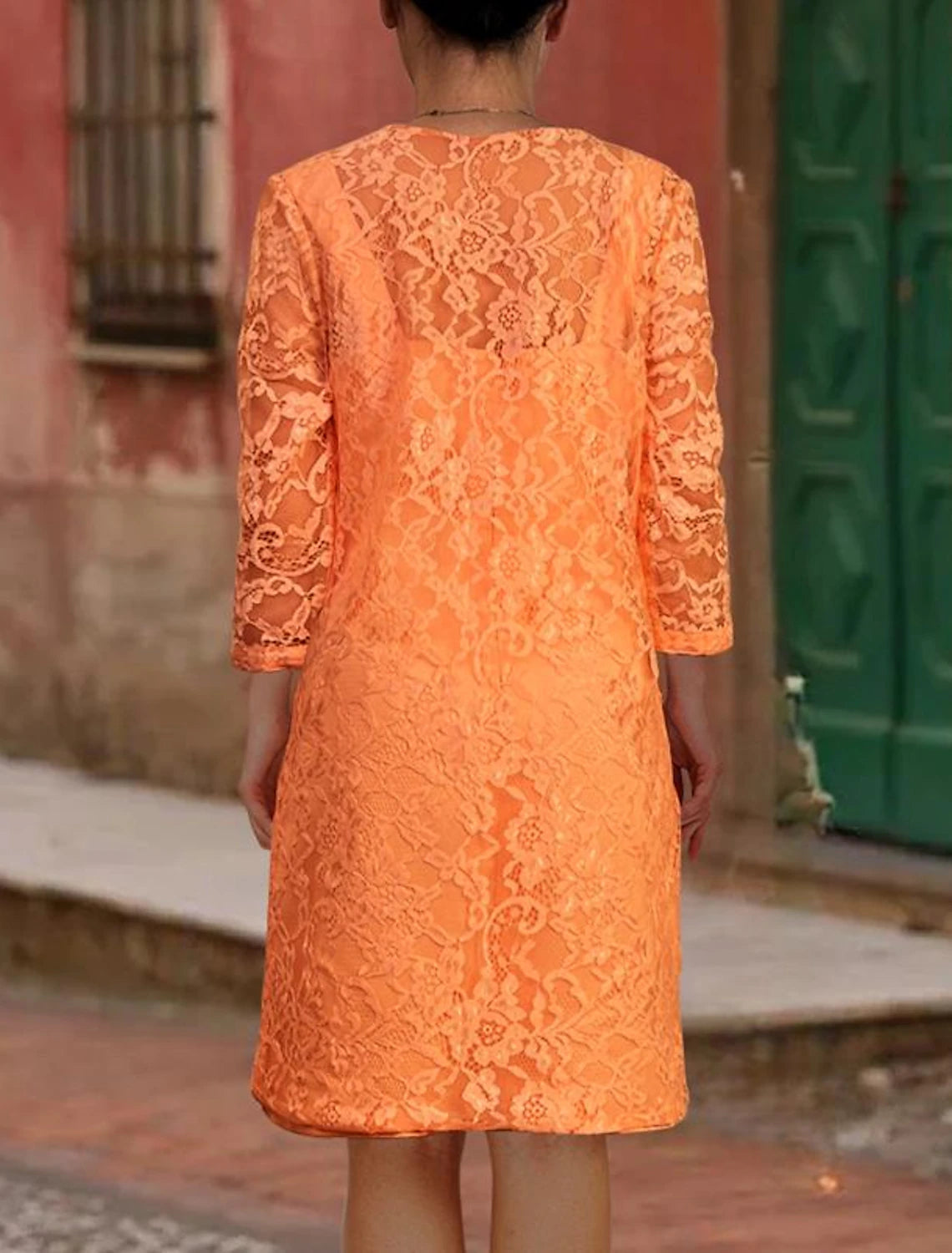 Two Piece A-Line Mother of the Bride Dress Wedding Guest Church Jewel Neck Knee Length Polyester Lace 3/4 Length Sleeve Jacket Dresses with Appliques